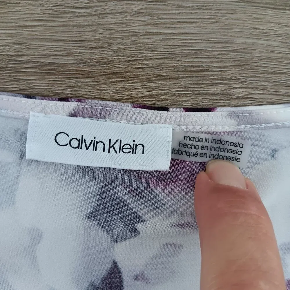 Calvin Klein Blouse Womens Large White Purple Floral Bell Sleeve Round Neck Top - Picture 5 of 6